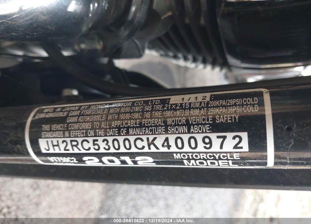2012 HONDA VT750 C2 VIN: JH2RC5300CK400972