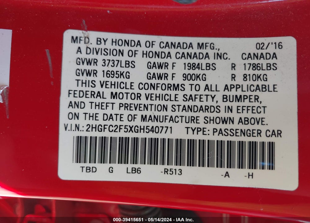 2016 HONDA CIVIC LX VIN: 2HGFC2F5XGH540771