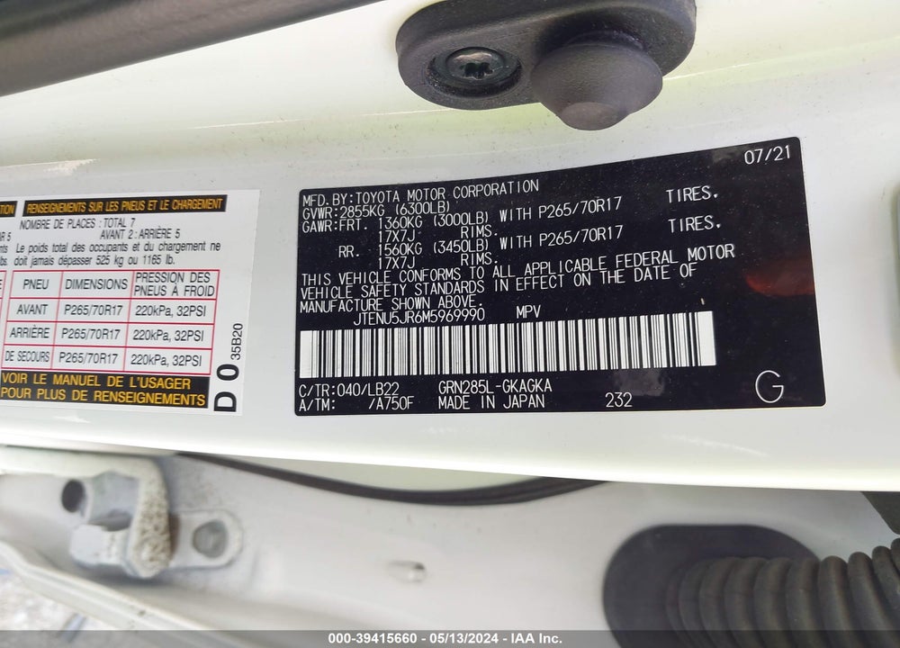 2021 TOYOTA 4RUNNER VIN: JTENU5JR6M5969990