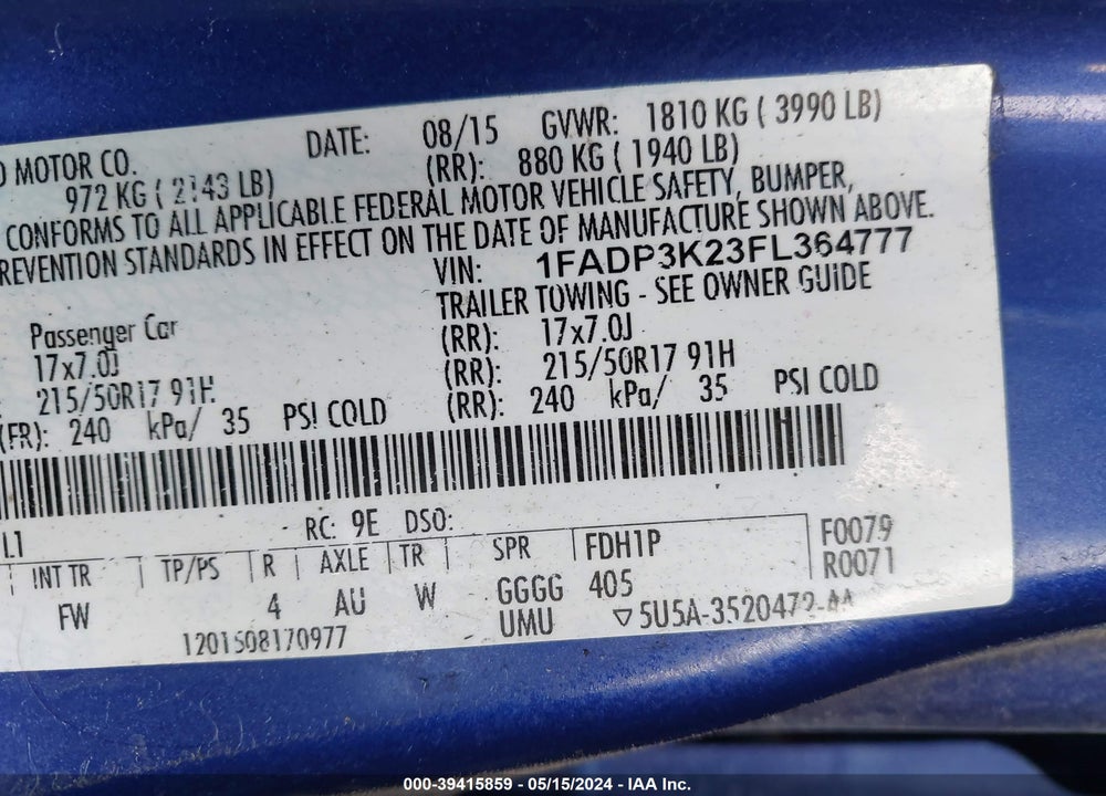 2015 FORD FOCUS SE VIN: 1FADP3K23FL364777