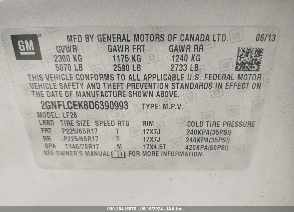 2013 CHEVROLET EQUINOX LS VIN: 2GNFLCEK8D6390993