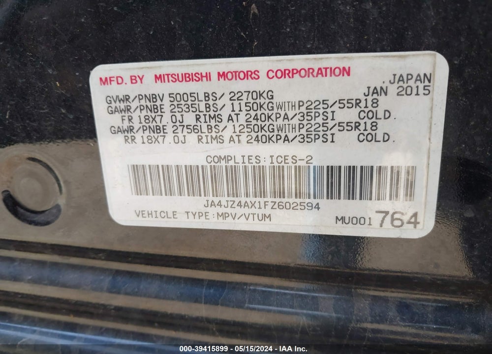 2015 MITSUBISHI OUTLANDER GT VIN: JA4JZ4AX1FZ602594