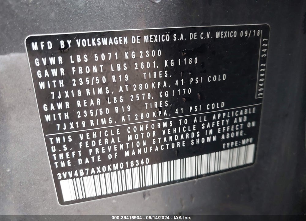 2019 VOLKSWAGEN TIGUAN 2.0T SEL PREMIUM/2.0T SEL PREMIUM R-LINE VIN: 3VV4B7AX0KM018340