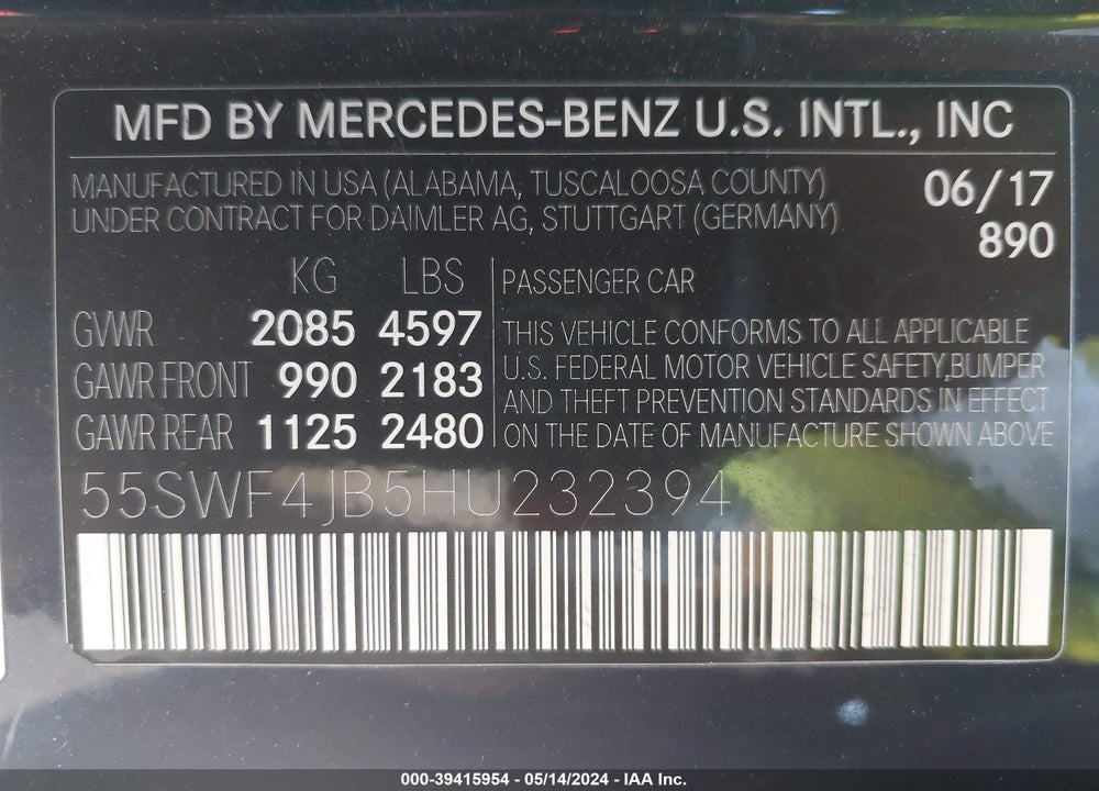 2017 MERCEDES-BENZ C 300 LUXURY/SPORT VIN: 55SWF4JB5HU232394
