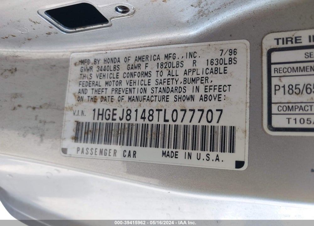 1996 HONDA CIVIC EX VIN: 1HGEJ8148TL077707