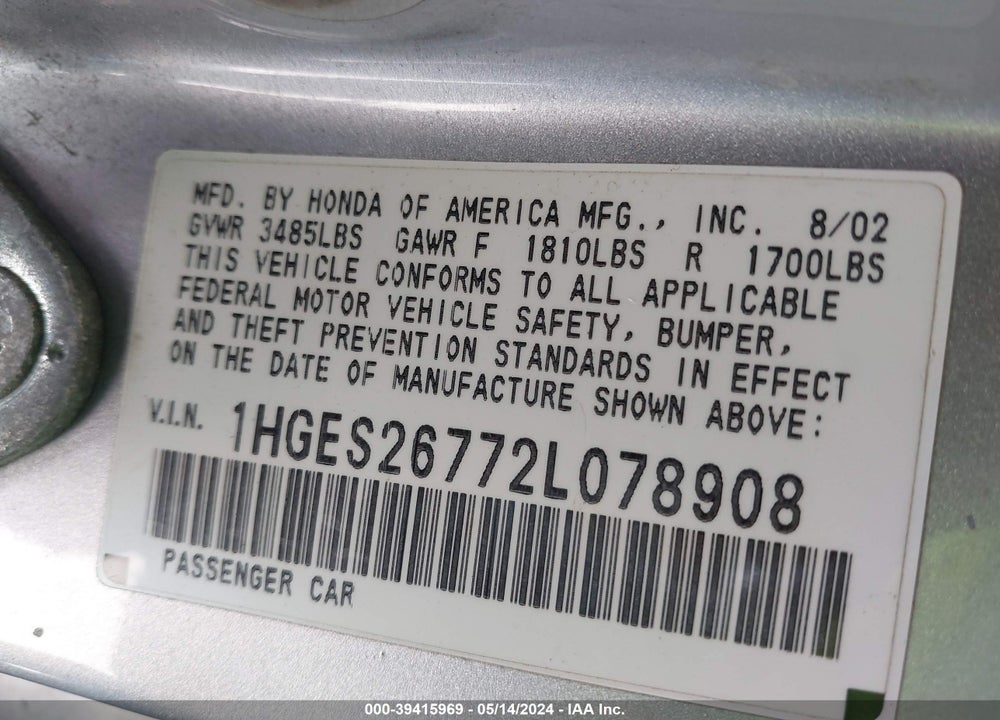 2002 HONDA CIVIC EX VIN: 1HGES26772L078908