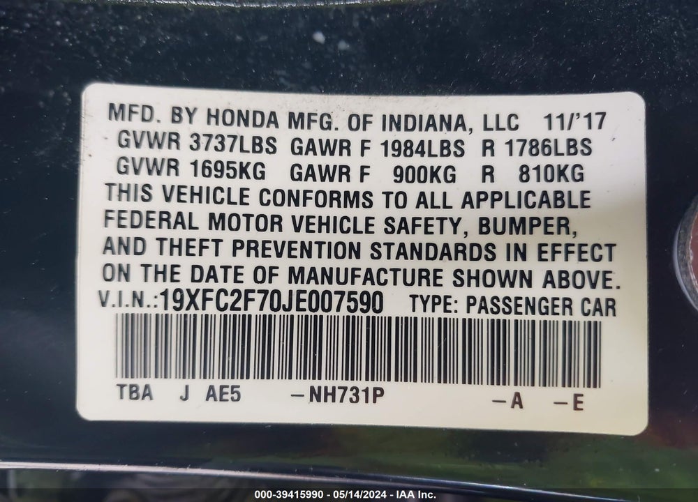 2018 HONDA CIVIC EX VIN: 19XFC2F70JE007590