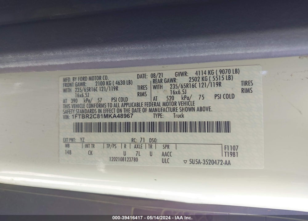 2021 FORD TRANSIT-250 VIN: 1FTBR2C81MKA48967