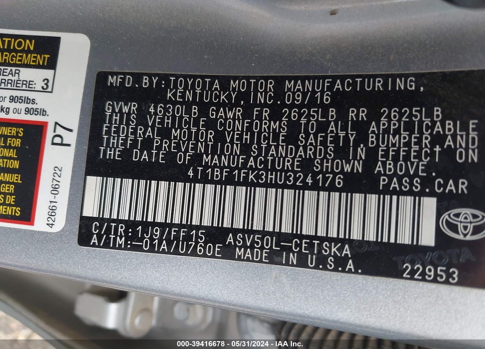 2017 TOYOTA CAMRY SE VIN: 4T1BF1FK3HU324176