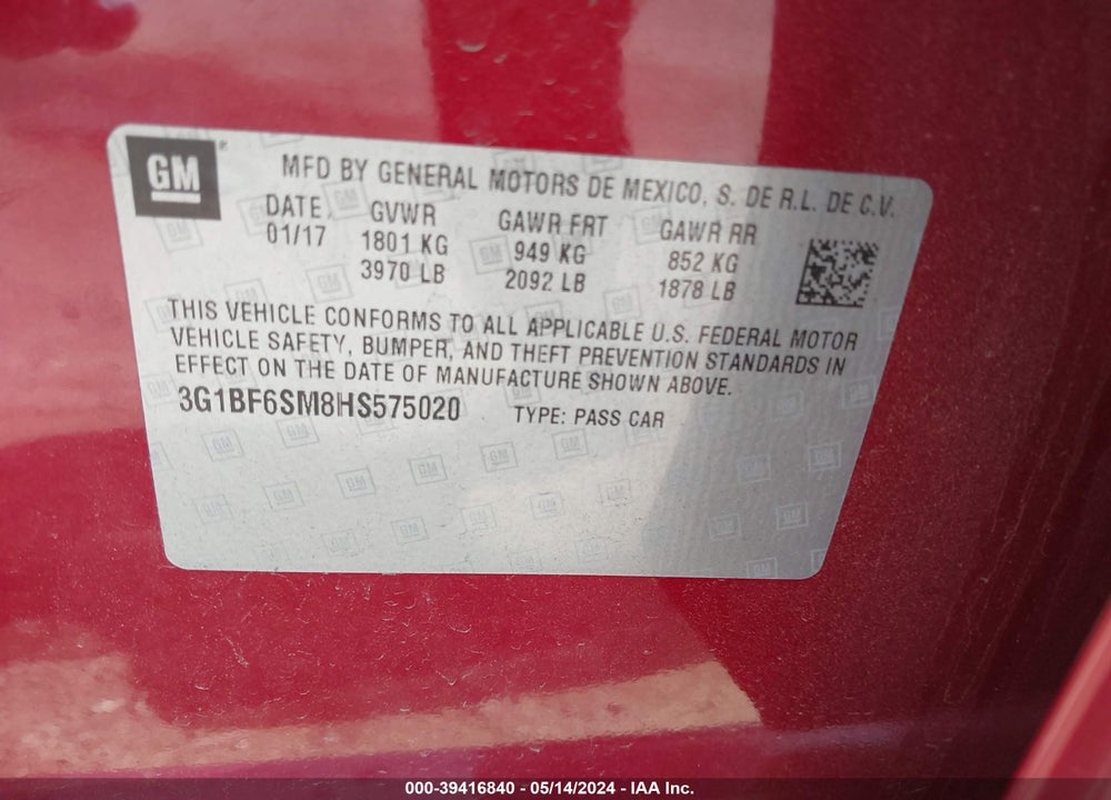 2017 CHEVROLET CRUZE PREMIER AUTO VIN: 3G1BF6SM8HS575020