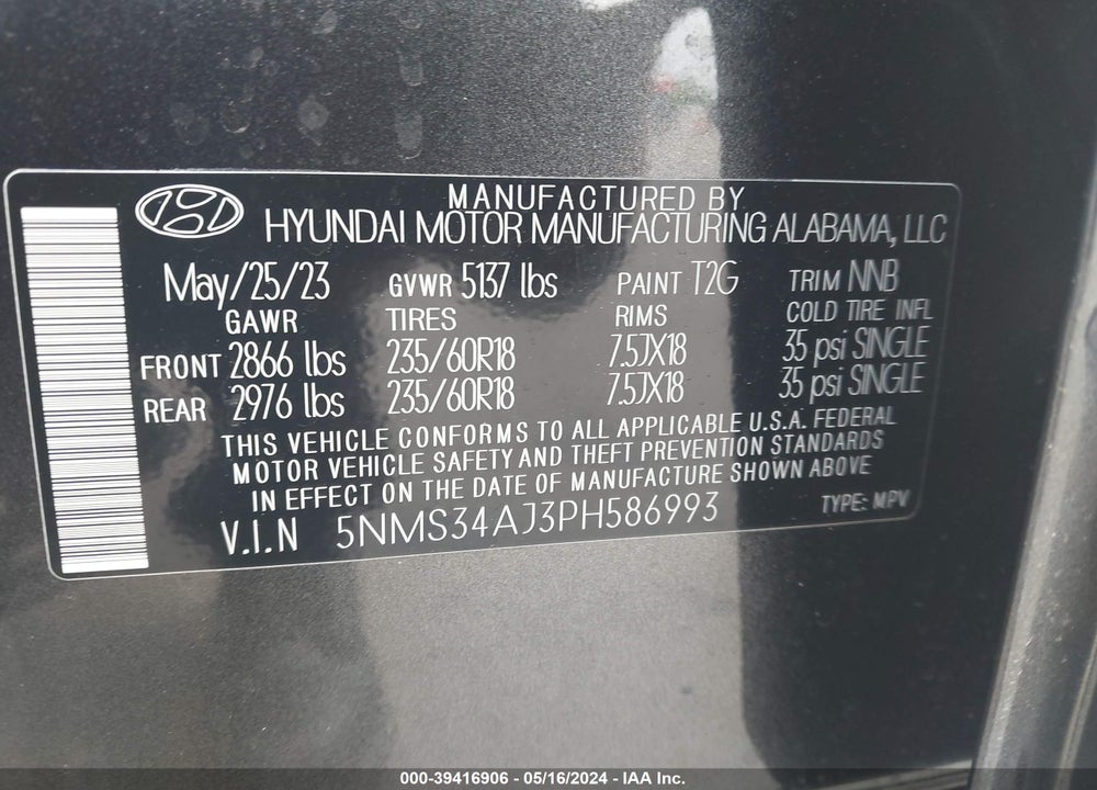 2023 HYUNDAI SANTA FE SEL VIN: 5NMS34AJ3PH586993