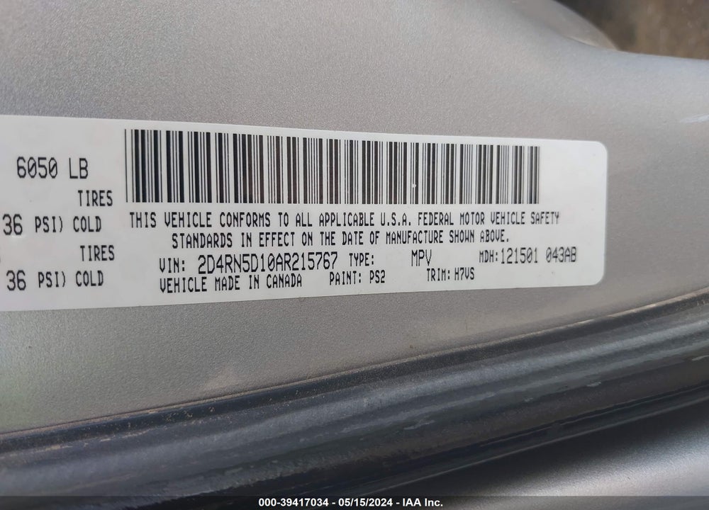 2010 DODGE GRAND CARAVAN VIN: 2D4RN5D10AR215767