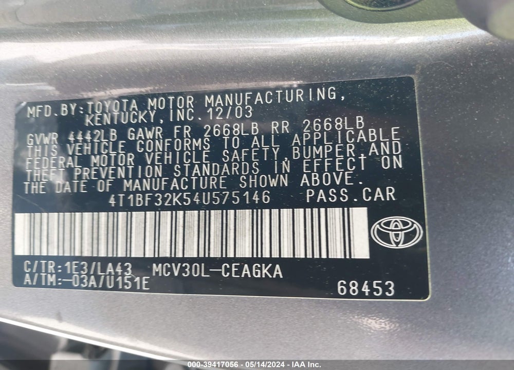 2004 TOYOTA CAMRY XLE V6 VIN: 4T1BF32K54U575146