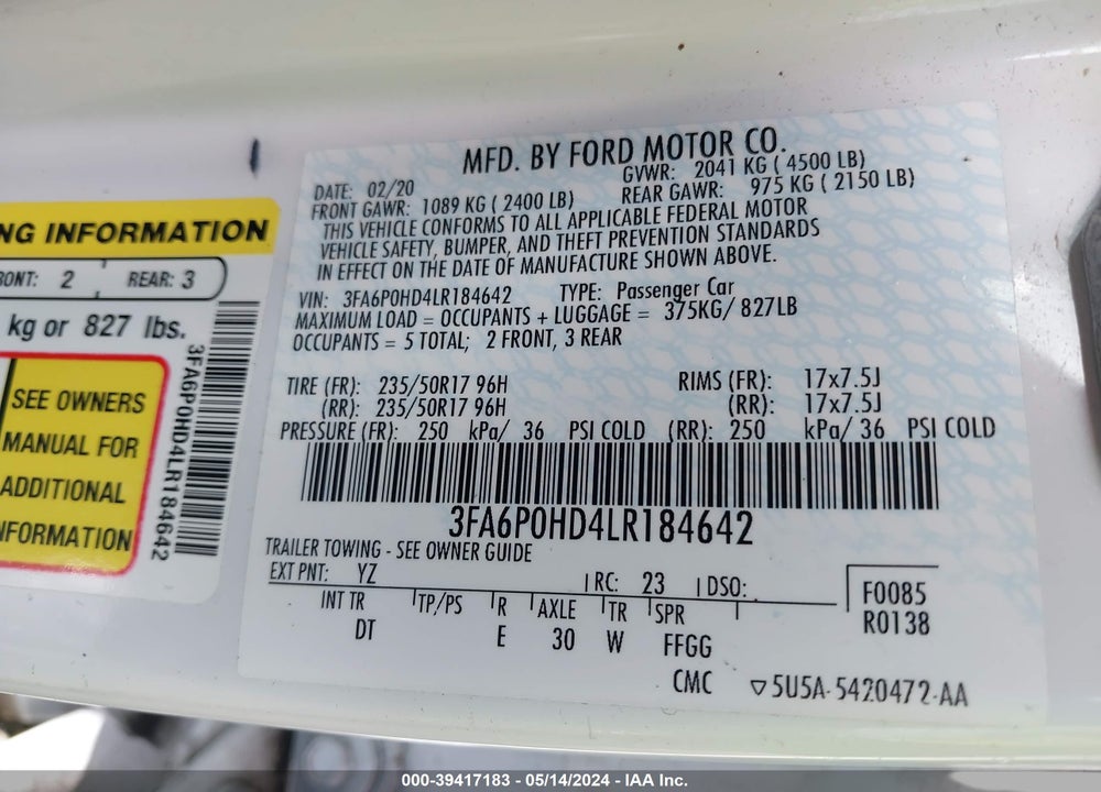2020 FORD FUSION SE VIN: 3FA6P0HD4LR184642