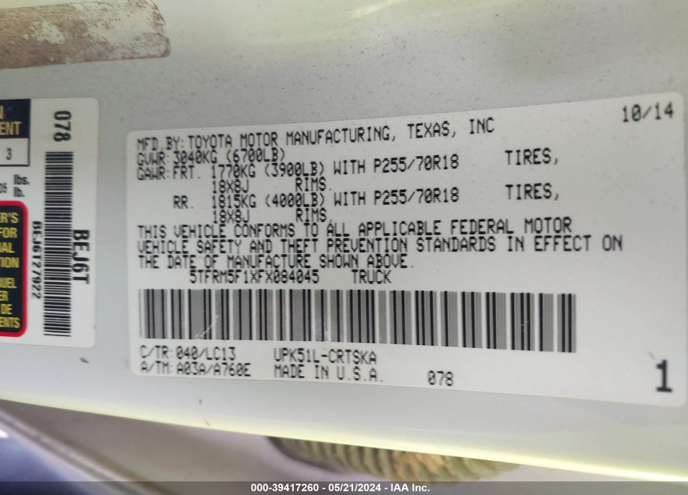 2015 TOYOTA TUNDRA SR 4.6L V8 VIN: 5TFRM5F1XFX084045