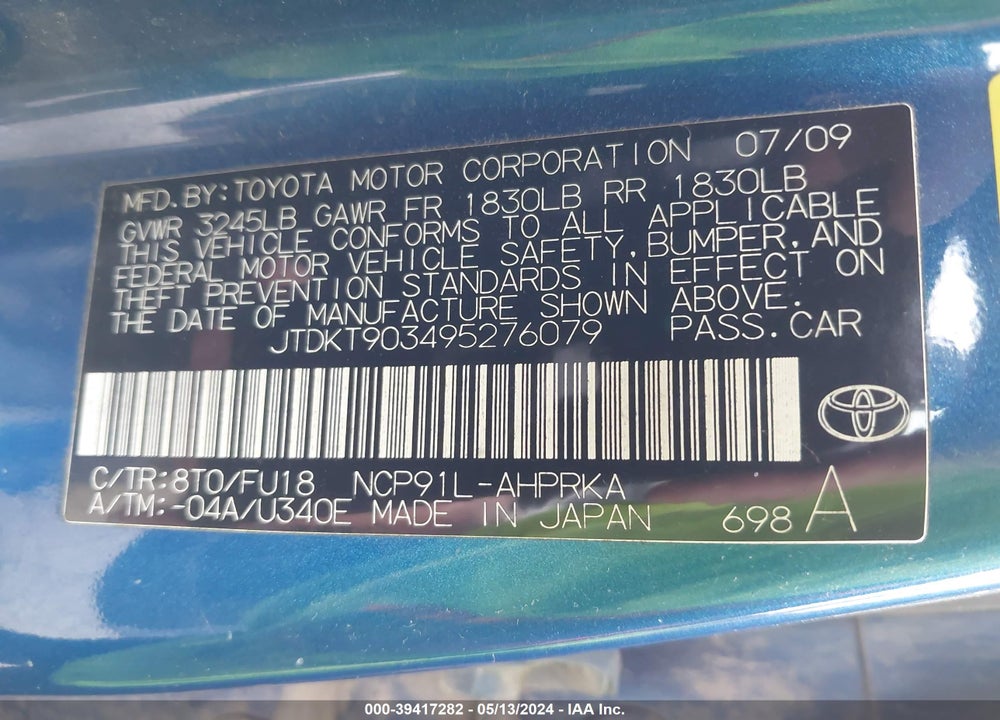2009 TOYOTA YARIS VIN: JTDKT903495276079