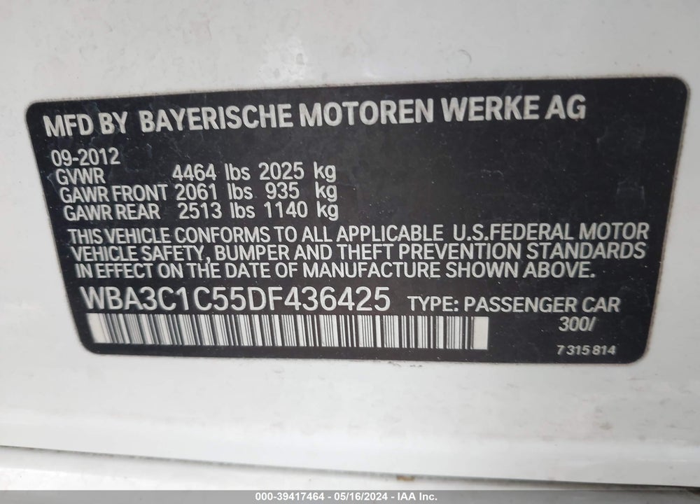 2013 BMW 328I VIN: WBA3C1C55DF436425