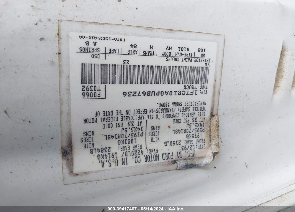 1993 FORD RANGER VIN: 1FTCR10A0PUB67236