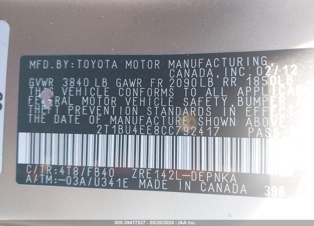 2012 TOYOTA COROLLA LE VIN: 2T1BU4EE8CC792417