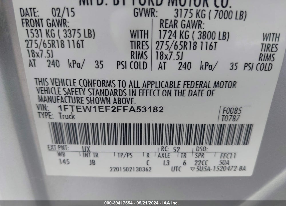 2015 FORD F-150 XLT VIN: 1FTEW1EF2FFA53182