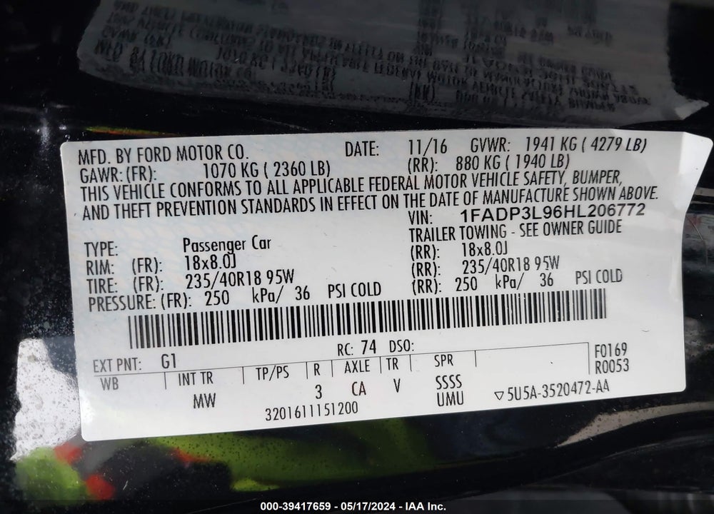 2017 FORD FOCUS ST VIN: 1FADP3L96HL206772