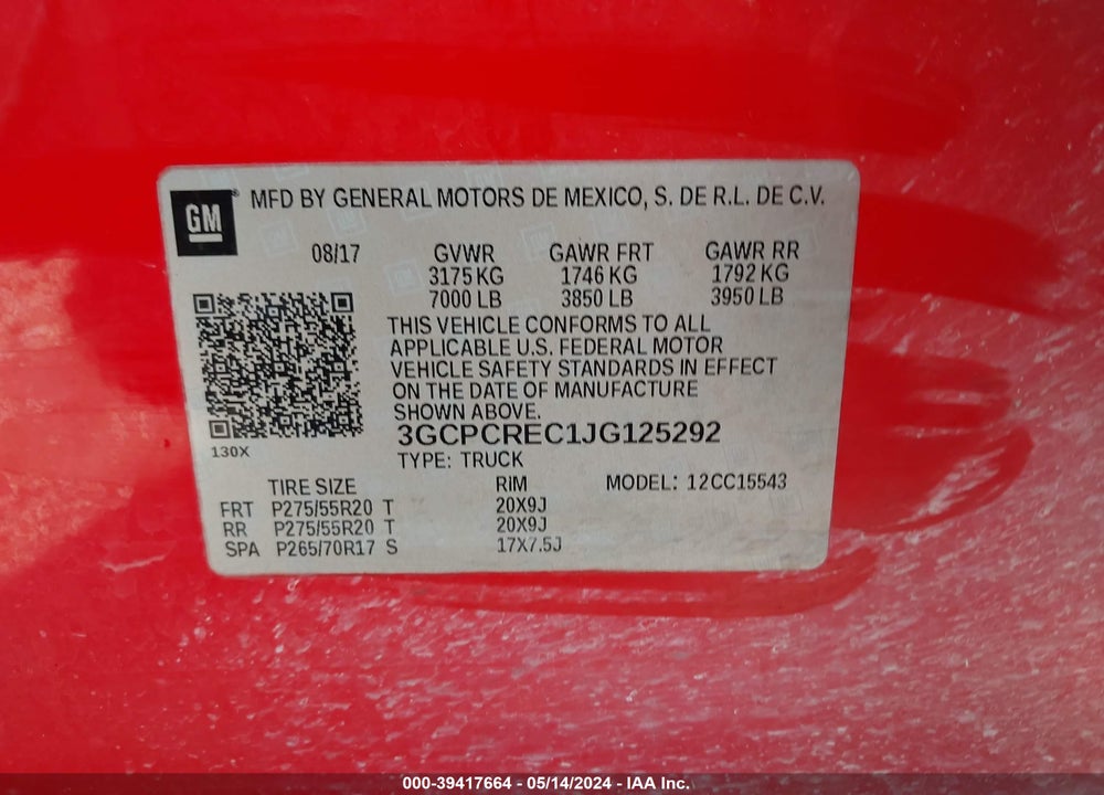 2018 CHEVROLET SILVERADO 1500 1LT VIN: 3GCPCREC1JG125292