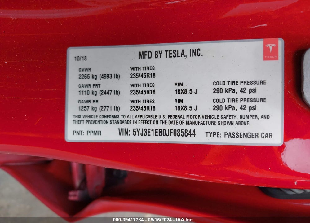 2018 TESLA MODEL 3 LONG RANGE/PERFORMANCE VIN: 5YJ3E1EB0JF085844
