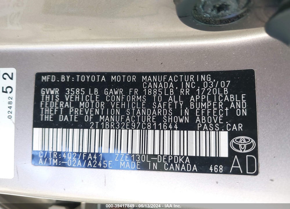 2007 TOYOTA COROLLA CE VIN: 2T1BR32E97C811644