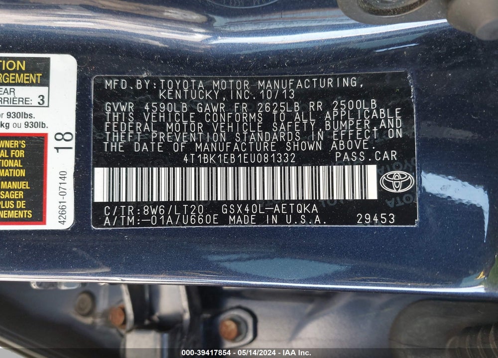 2014 TOYOTA AVALON VIN: 4T1BK1EB1EU081332