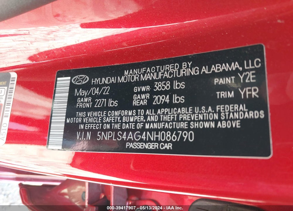 2022 HYUNDAI ELANTRA SEL VIN: 5NPLS4AG4NH086790