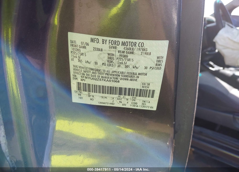 2007 FORD ESCAPE XLS/XLS MANUAL VIN: 1FMYU02Z57KA51068