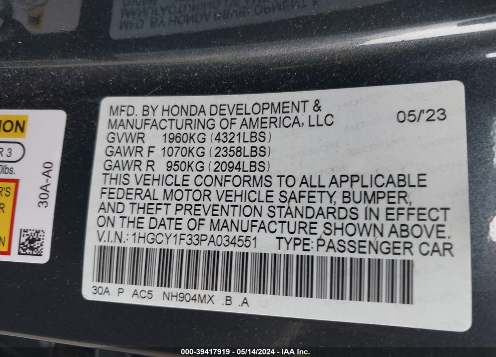 2023 HONDA ACCORD EX VIN: 1HGCY1F33PA034551