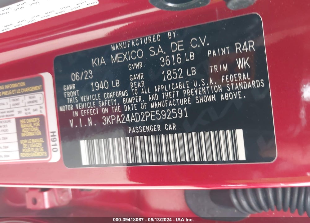 2023 KIA RIO S VIN: 3KPA24AD2PE592591