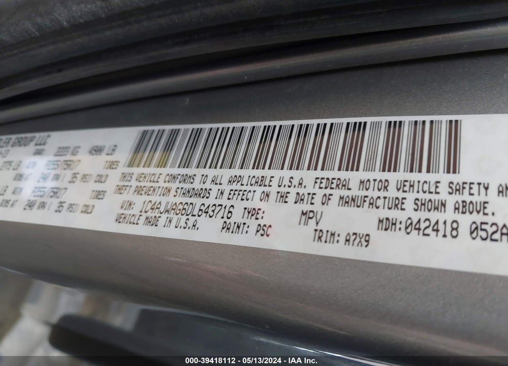 2013 JEEP WRANGLER SPORT VIN: 1C4AJWAG6DL643716