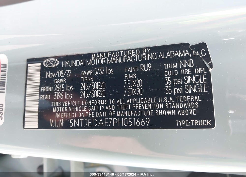 2023 HYUNDAI SANTA CRUZ LIMITED VIN: 5NTJEDAF7PH051669