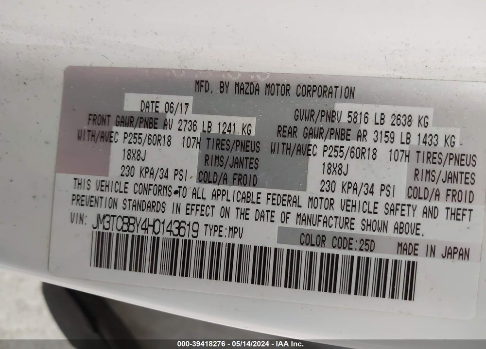 2017 MAZDA CX-9 SPORT VIN: JM3TCBBY4H0143619