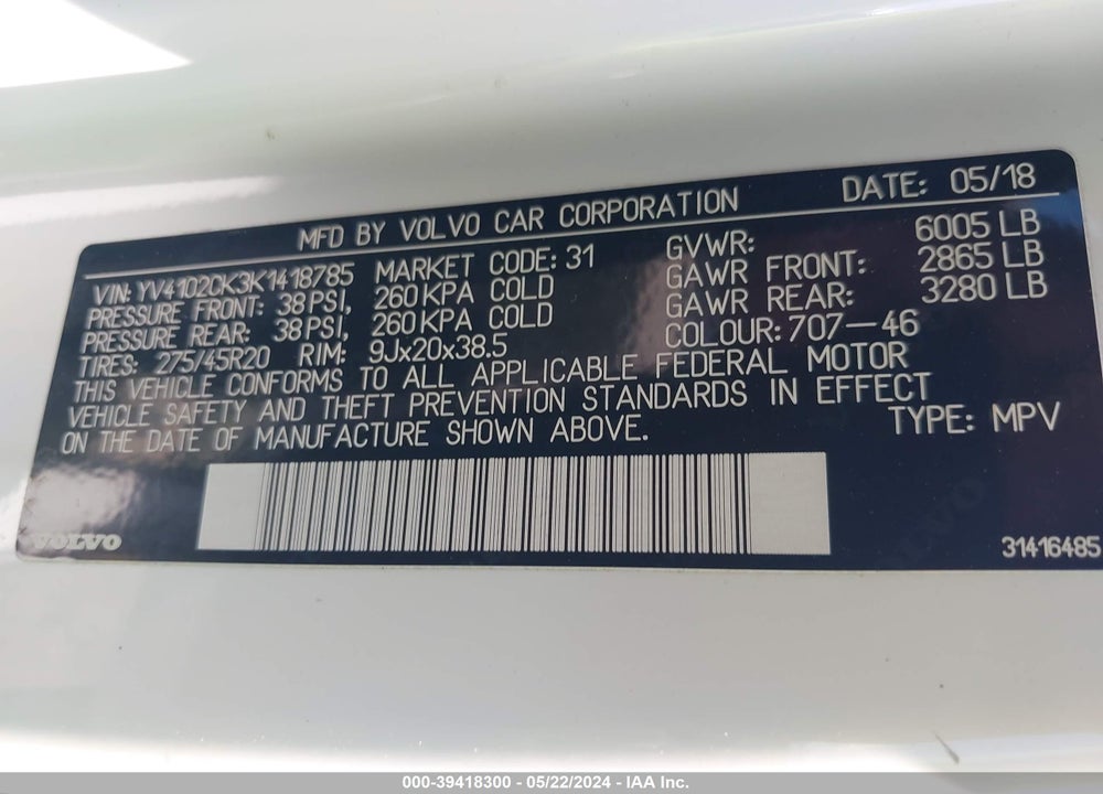 2019 VOLVO XC90 T5 MOMENTUM VIN: YV4102CK3K1418785