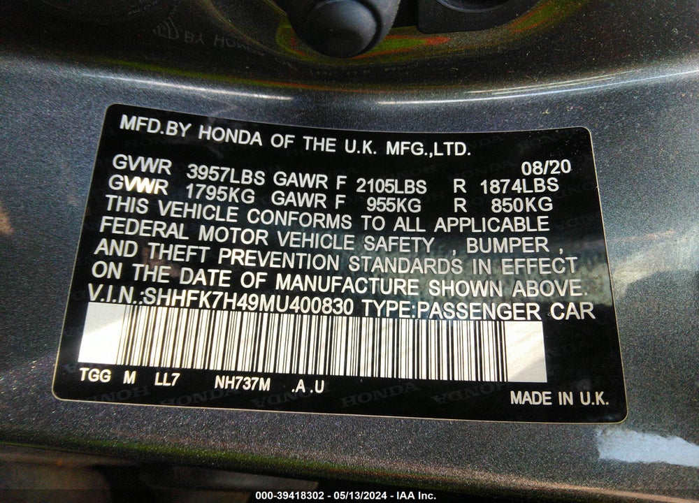 2021 HONDA CIVIC SPORT VIN: SHHFK7H49MU400830
