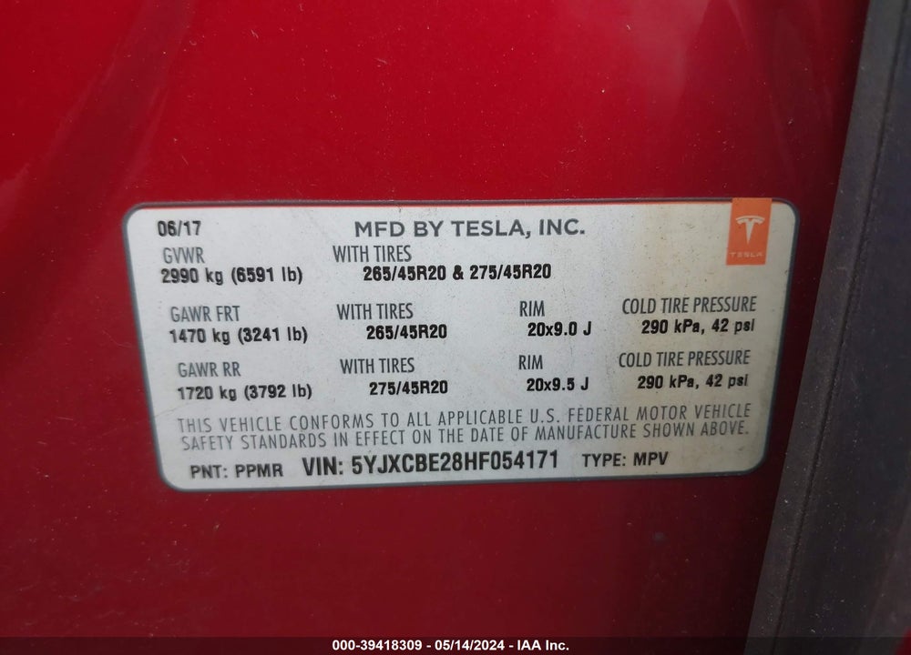 2017 TESLA MODEL X VIN: 5YJXCBE28HF054171