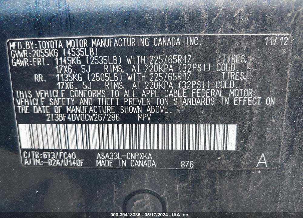 2012 TOYOTA RAV4 VIN: 2T3BF4DV0CW267286