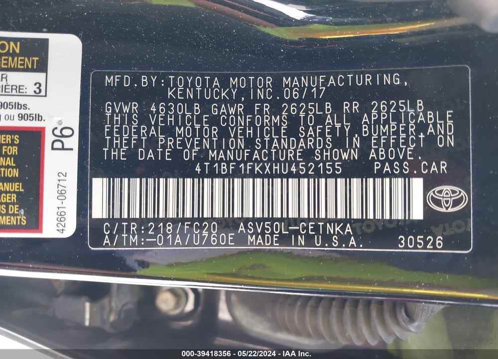 2017 TOYOTA CAMRY VIN: 4T1BF1FKXHU452155