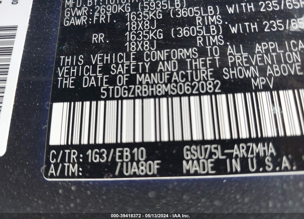 2021 TOYOTA HIGHLANDER XLE VIN: 5TDGZRBH8MS062082