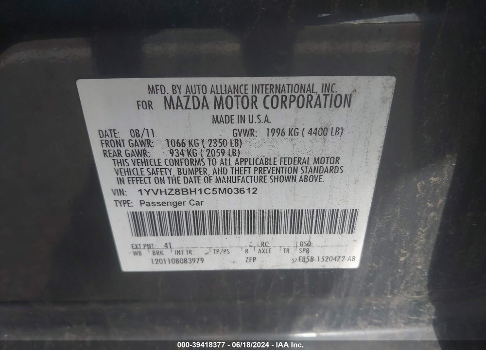 2012 MAZDA 6 I SPORT VIN: 1YVHZ8BH1C5M03612