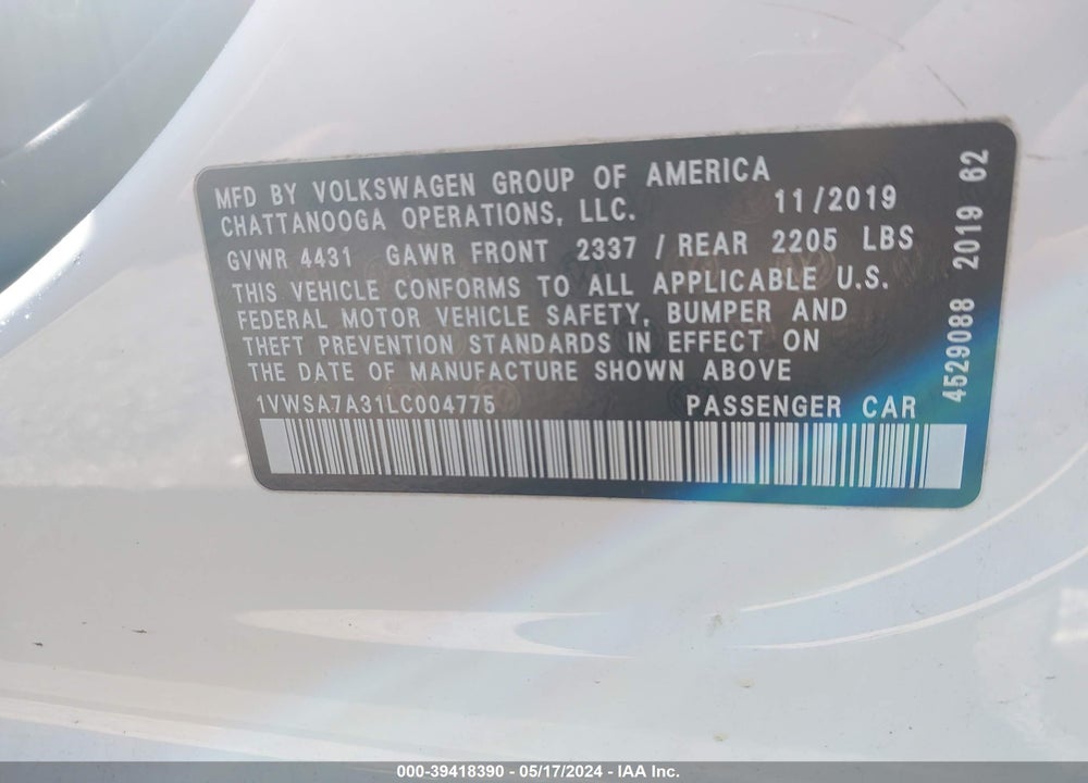2020 VOLKSWAGEN PASSAT 2.0T SE VIN: 1VWSA7A31LC004775