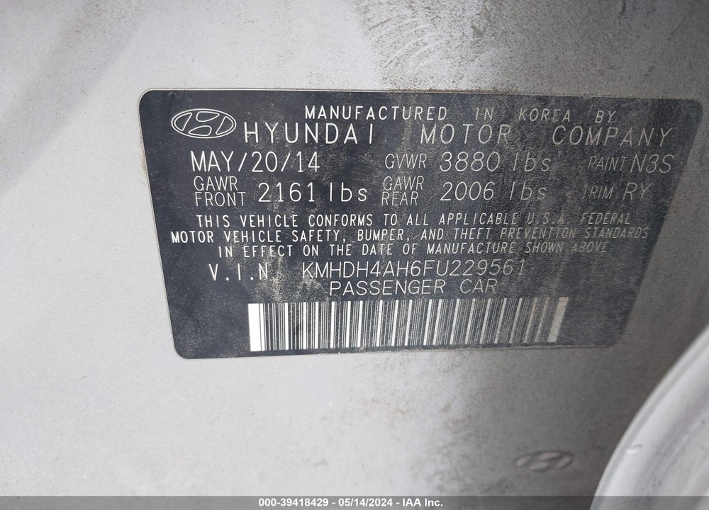2015 HYUNDAI ELANTRA SPORT VIN: KMHDH4AH6FU229561