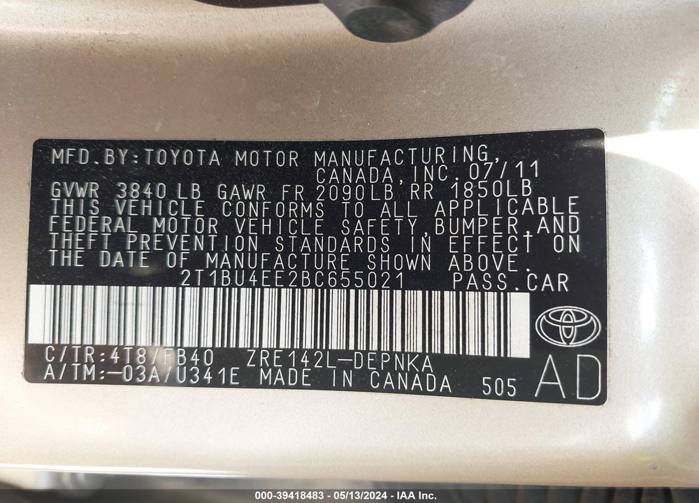 2011 TOYOTA COROLLA LE VIN: 2T1BU4EE2BC655021