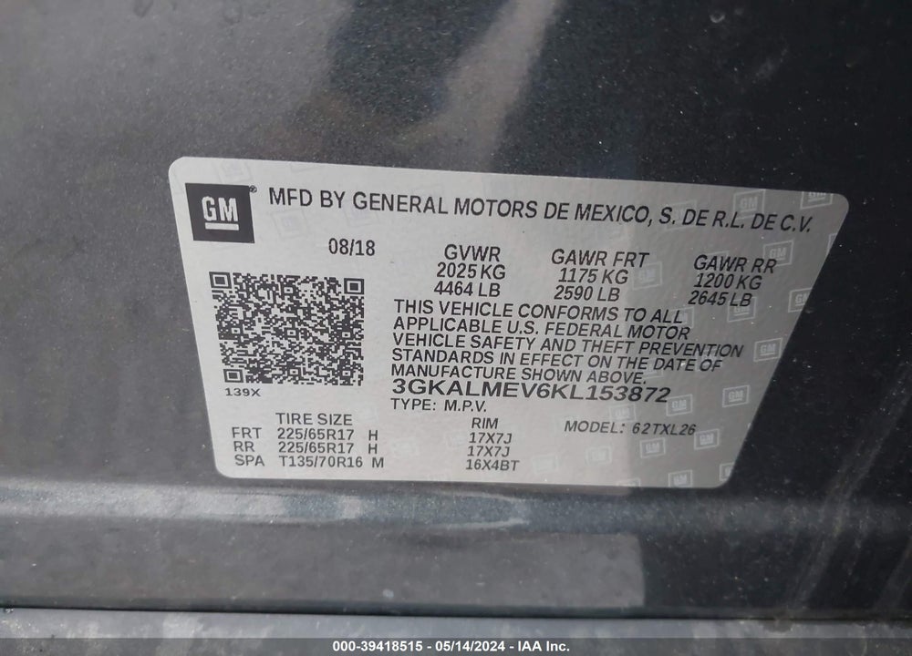 2019 GMC TERRAIN SLE VIN: 3GKALMEV6KL153872