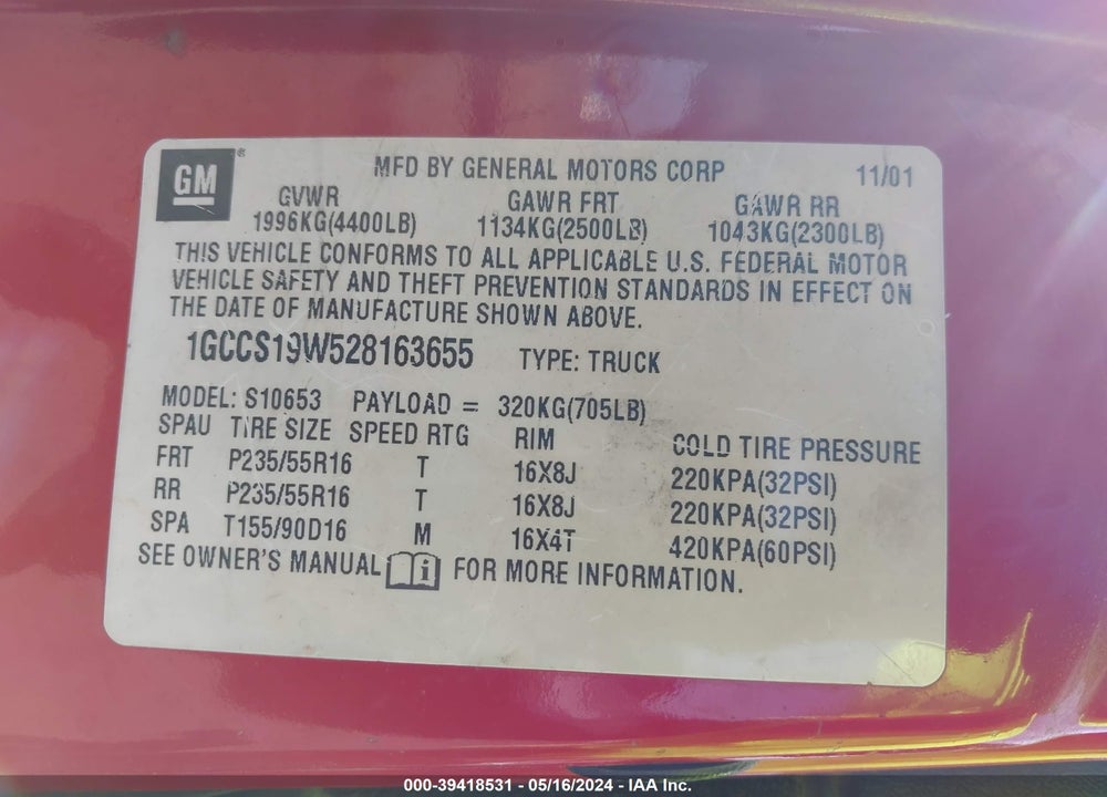 2002 CHEVROLET S-10 LS VIN: 1GCCS19W528163655