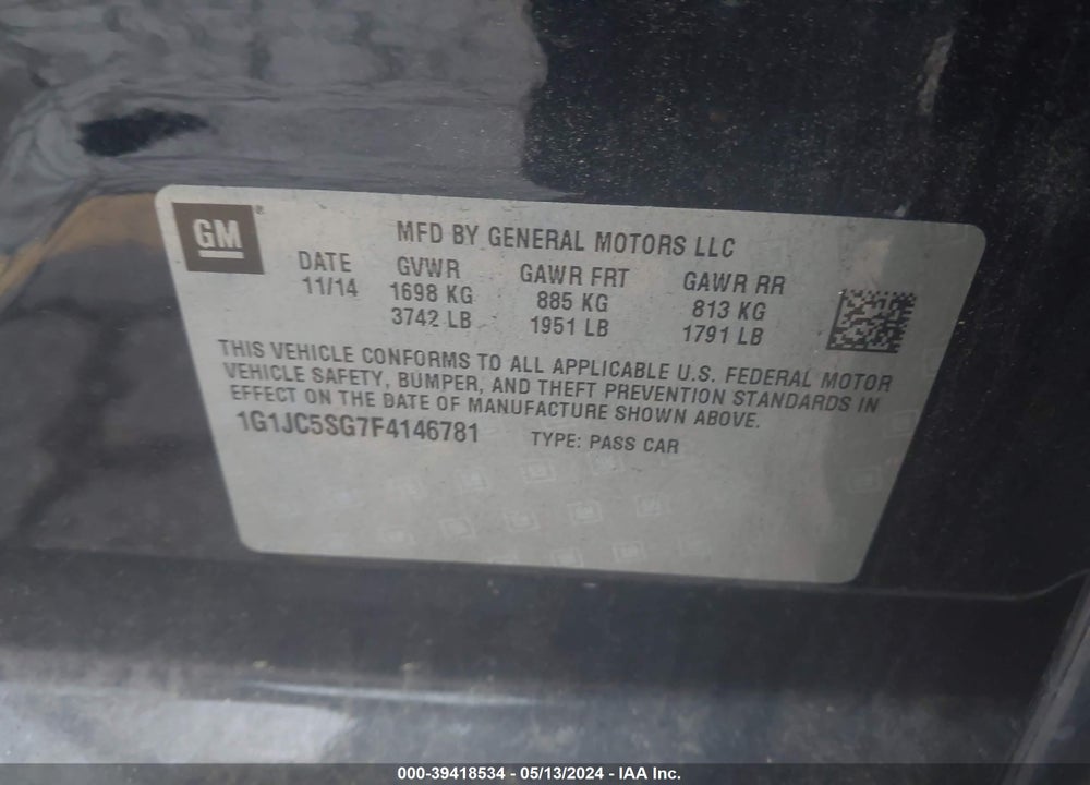 2015 CHEVROLET SONIC LT AUTO VIN: 1G1JC5SG7F4146781