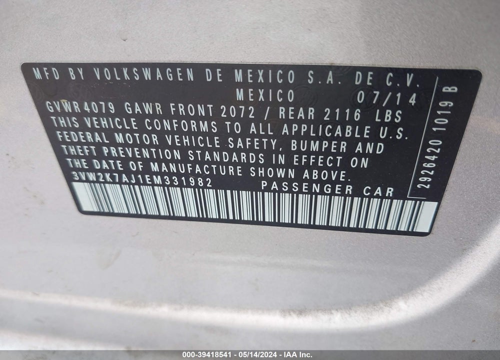 2014 VOLKSWAGEN JETTA 2.0L S VIN: 3VW2K7AJ1EM331982